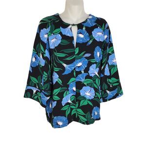 Ann Taylor Womens Top XS Garden Spit Neck 3/4 Sleeve Floral Print Fresh Grass